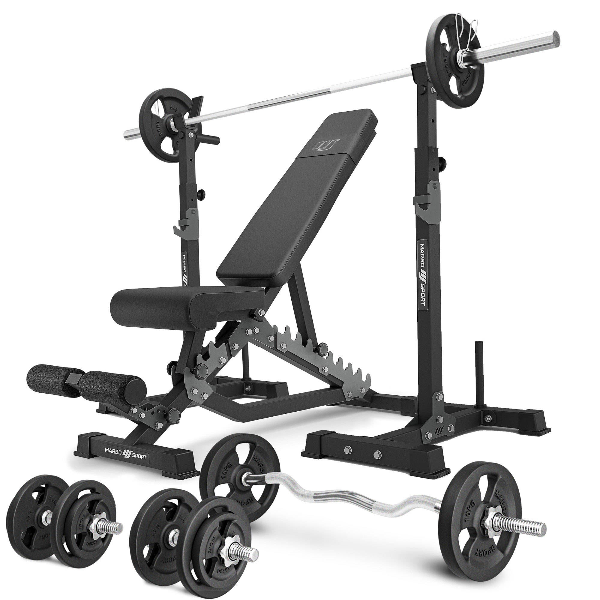 Set MS34_2.0_83KG, banco doble + soporte multinivel para mancuernas (2  piezas) con asistencia + juego de barras reforzadas y pesas 83 kg - Marbo  Sport Hierro fundido 83 kg