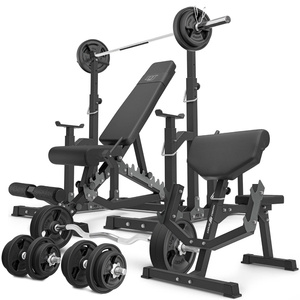 Set MS5_2.0_113KG_G | banco doble + soportes ajustables + Banco Scott con soporte ajustable + juego de barras reforzadas y pesas de goma 113 kg - Marbo Sport
