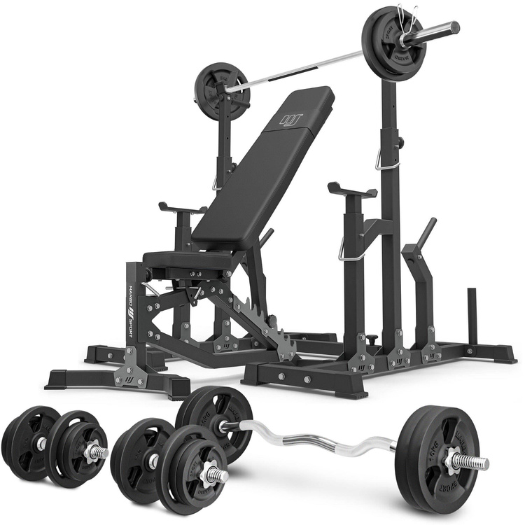 Set MS11_2.0_113KG | banco de entrenamiento ajustable de doble cara + soportes ajustables + juego de barras reforzadas y pesas 113 kg - Marbo Sport