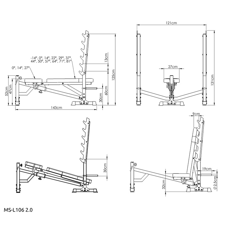 Banco de pesas reclinable con soportes e inclinación MS-L106 2.0 - Marbo Sport