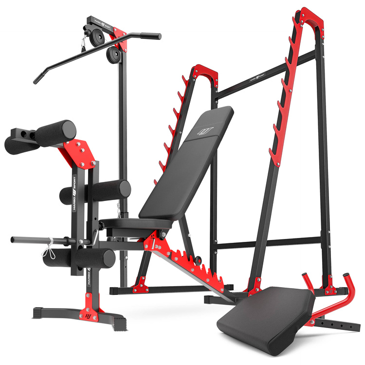 Set MH26 | Banco de entrenamiento MH-L115 + Soportes multinivel MH-S204 + Entrenador de piernas MH-A102 + Bícep curl con asas MH-A101 + Elevador superior e inferior MH-W104 - Marbo Sport