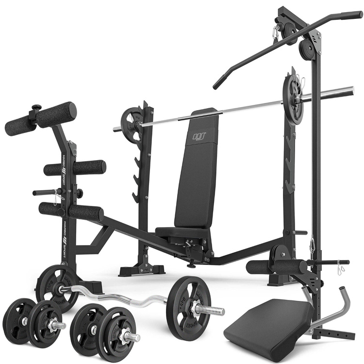 Set MS41_2.0_83KG | Banco ajustable con soportes e inclinación negativa + accesorios + juego de barras reforzadas y pesas 83 kg - Marbo Sport