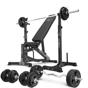 Set MS30_2.0_113KG_G | banco de entrenamiento ajustable de doble cara + soporte multinivel para mancuernas (2 piezas) con asistencia +  juego de barras reforzadas y pesas engomados 113 kg - Marbo Sport