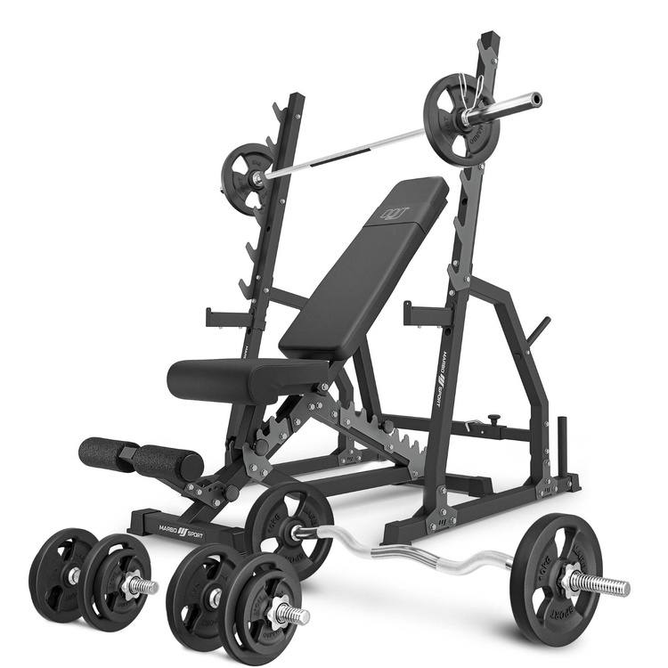 Set MS3_2.0_83KG | banco doble + soportes de gimnasio con aseguramiento y separación ajustable + juego de barras reforzadas y pesas 83 kg - Marbo Sport