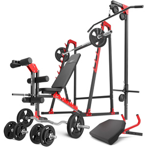 Set MH26_147KG_KIER | Banco de entrenamiento MH-L115 + Soportes multinivel MH-S204 + Entrenador de piernas MH-A102 + Bícep curl con asas MH-A101 + Elevador superior e inferior MH-W104 + Juego de barras reforzadas y pesas 83 kg - Marbo Sport