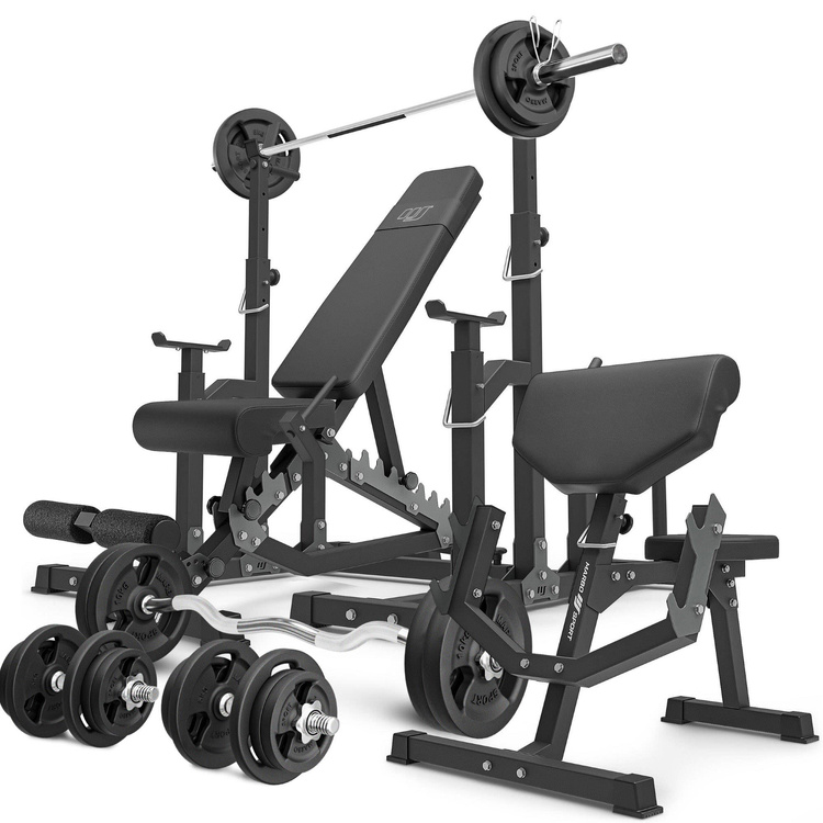 Set MS5_2.0_113KG | banco doble + soportes ajustables + Banco Scott con soporte ajustable + juego de barras reforzadas y pesas 113 kg - Marbo Sport