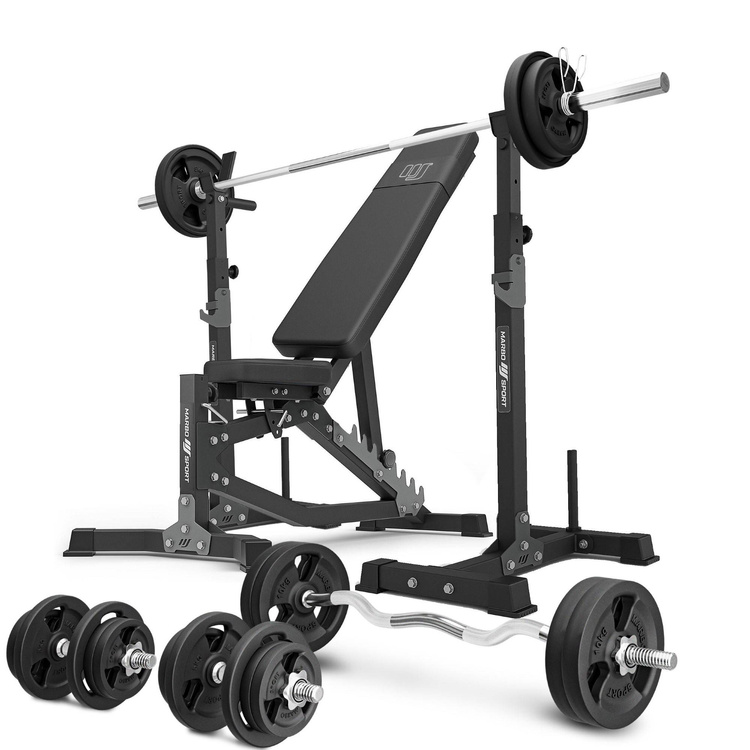 Set MS30_2.0_113KG | banco de entrenamiento ajustable de doble cara + soporte multinivel para mancuernas (2 piezas) con asistencia + juego de barras reforzadas y pesas 113 kg - Marbo Sport