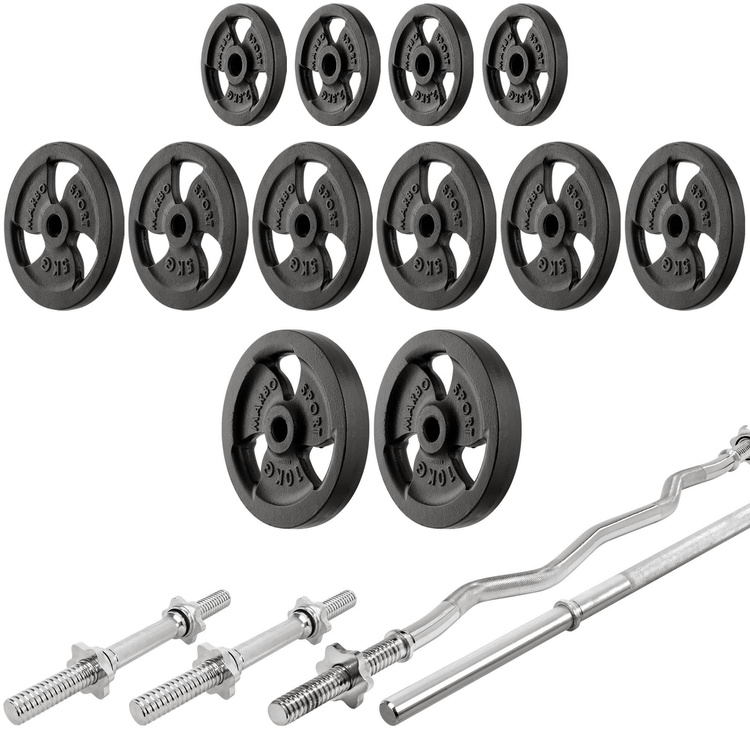 Set MS33_2.0_83KG | banco doble + soporte multinivel para mancuernas + Banco Scott con soporte ajustable + juego de barras reforzadas y pesas 83 kg - Marbo Sport