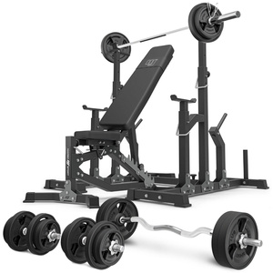 Set MS11_2.0_113KG_G | banco doble cara + soportes ajustables +  juego de barras reforzadas y pesas de goma 113 kg - Marbo Sport
