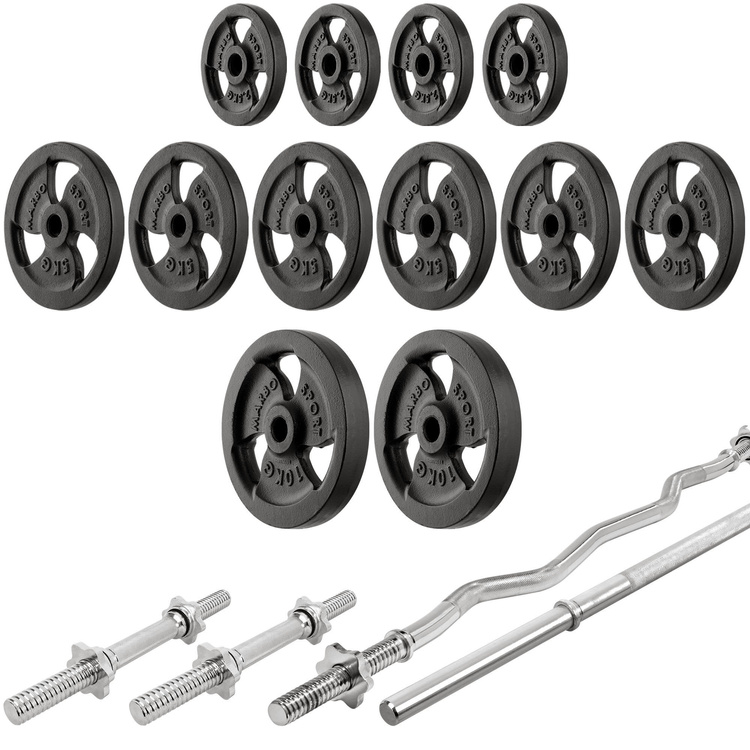 Set MH7_110KG_KIER | Banco regulable de doble cara MH-L114 + Soportes de barra ajustables (2 piezas) MH-S201 + Juego de barras reforzadas y pesas 83 kg - Marbo Sport