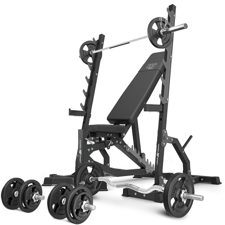 Set MS8_2.0_83KG | banco de entrenamiento ajustable de doble cara + soporte multinivel (2 piezas) + juego de barras y discos de pesas 83 kg - Marbo Sport