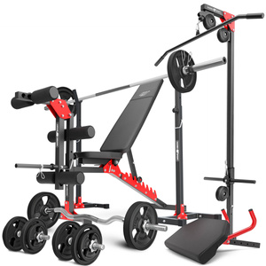 Set MH25_132KG_KIER_G | Banco de entrenamiento MH-L115 + Soportes de barra MH-S201 + Entrenador de piernas MH-A102 + Bícep curl con asas MH-A101 + Elevador superior e inferior MH-W104 + Juego de barras reforzadas y pesas de goma 83 kg - Marbo Sport