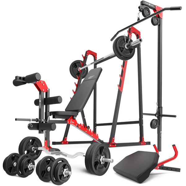 Set MH26 | Banco de entrenamiento MH-L115 +  Soportes multinivel MH-S204 + Entrenador de piernas MH-A102 + Bícep curl con asas MH-A101 + Elevador superior e inferior MH-W104 - Marbo Sport