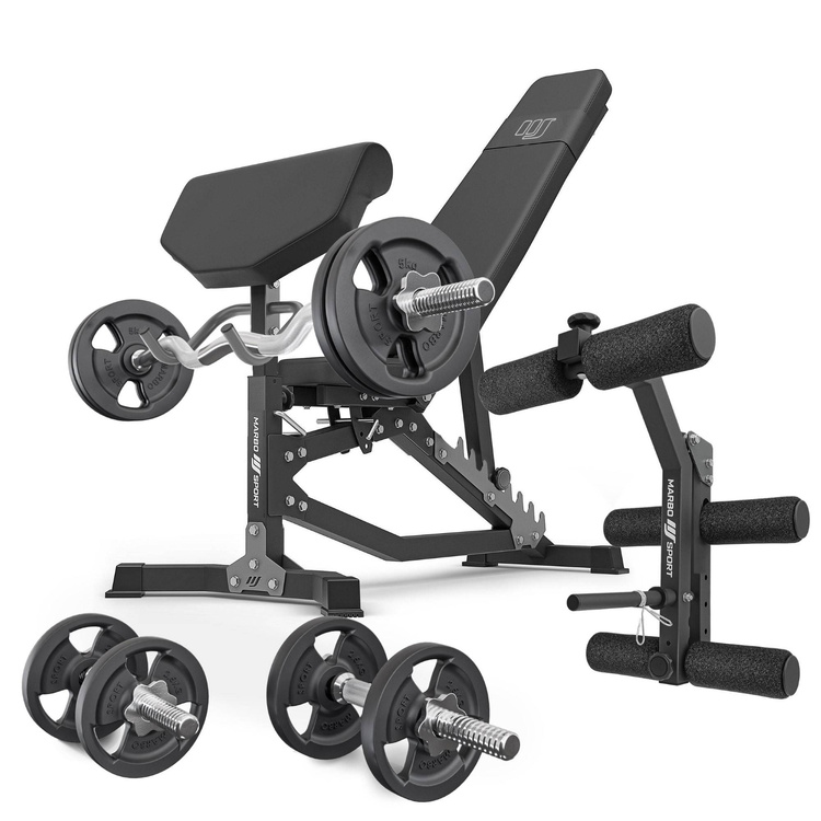 Set MS39_2.0_42KG | banco ajustable + accesorio de curl predicador + accesorio de desarrollo + juego de barras reforzadas y pesas 42kg - Marbo Sport