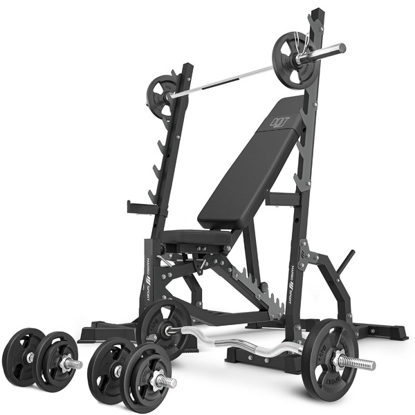 Set MS8_2.0_83KG | banco de entrenamiento ajustable de doble cara + soporte multinivel (2 piezas) + juego de barras y discos de pesas 83 kg - Marbo Sport