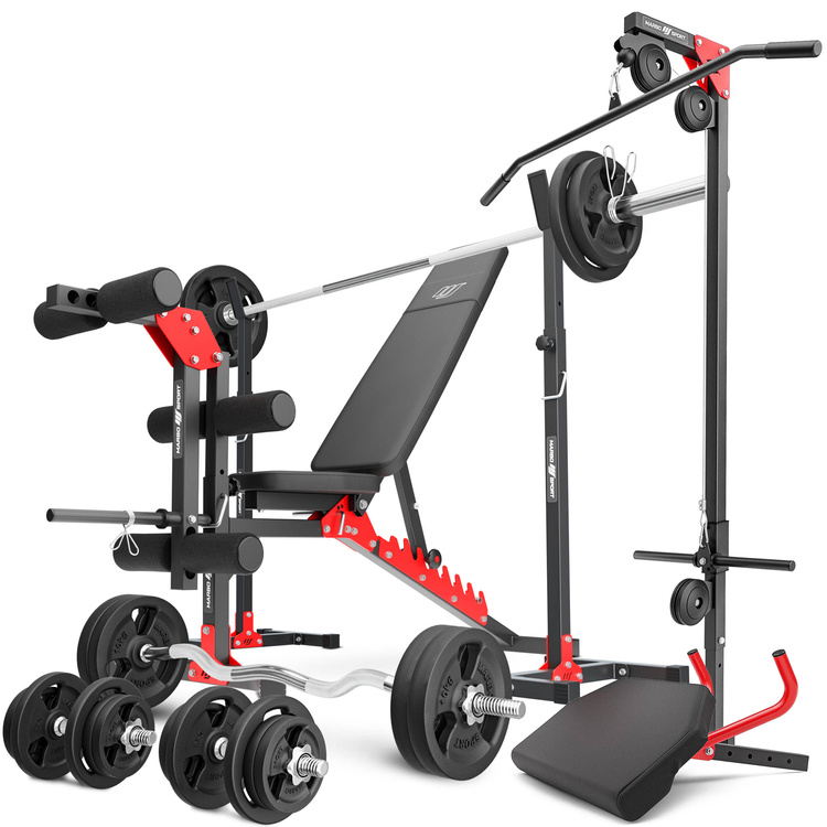Set MH25_162KG_KIER | Banco de entrenamiento MH-L115 + Soportes de barra MH-S201 + Entrenador de piernas MH-A102 + Bícep curl con asas MH-A101 + Elevador superior e inferior MH-W104 + Juego de barras reforzadas y pesas 113 kg - Marbo Sport