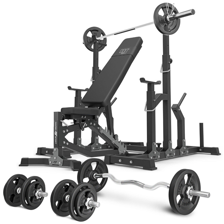 Set MS11_2.0_83KG | banco de entrenamiento ajustable de doble cara + soportes ajustables + juego de barras reforzadas y pesas 83 kg - Marbo Sport