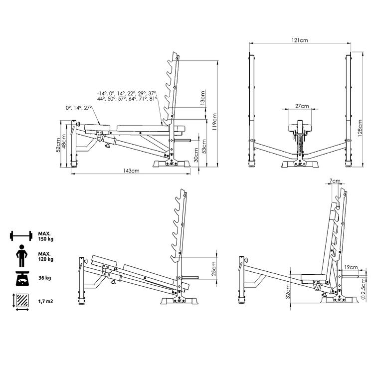 Banco de pesas reclinable con soportes e inclinación MS-L106 3.0 - Marbo Sport