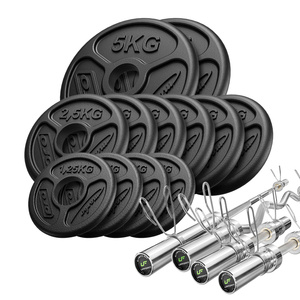 Set de barra olímpica de 180 cm + barra curvada de 120 cm + 2 barras de mancuernas de 50 cm + discos de pesas 65 kg (2×5 kg + 6×2,5 kg + 4×1,25 kg) - Marbo Sport