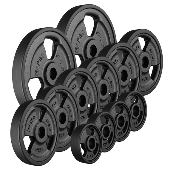 Juego de pesas de hierro fundido engomadas Tri-Grip 29 kg / 2 x 5 kg + 6 x 2,5 kg + 4 x 1 kg - Marbo Sport