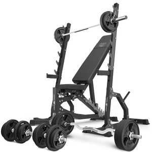 Set MS8_2.0_113KG_G | banco de entrenamiento ajustable de doble cara + soporte multinivel (2 piezas) + juego de barras reforzadas y pesas de goma 113 kg - Marbo Sport