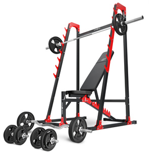 Set MH24_126KG_KIER_G | Banco de entrenamiento multifuncional ajustable MH-L115 + Soportes multinivel MH-S204 + Juego de barras reforzadas y pesas de goma 83 kg - Marbo Sport