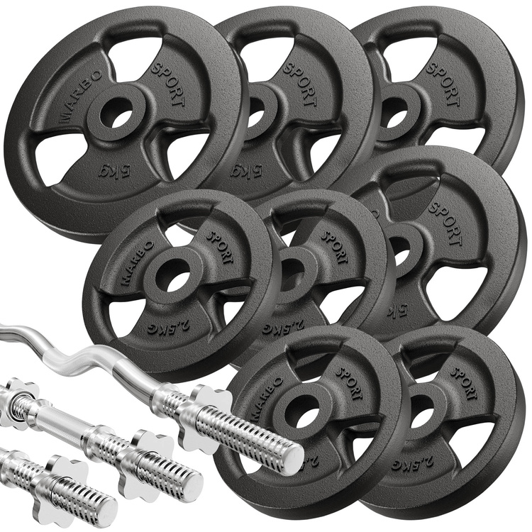 Set MH1_68KG_KIER | Banco de entrenamiento multifuncional ajustable MH-L115 + Bícep curl con asas MH-A101 + Extensión de piernas MS-A102 + Juego de barras reforzadas y pesas 42 kg - Marbo Sport