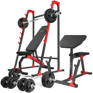 Set MH10_166KG_KIER_G | Banco regulable de doble cara MH-L114 + Soportes multinivel MH-S204 + Banco escocés (bicep curl) MH-L105 + Juego de barras reforzadas y pesas de goma 113 kg - Marbo Sport