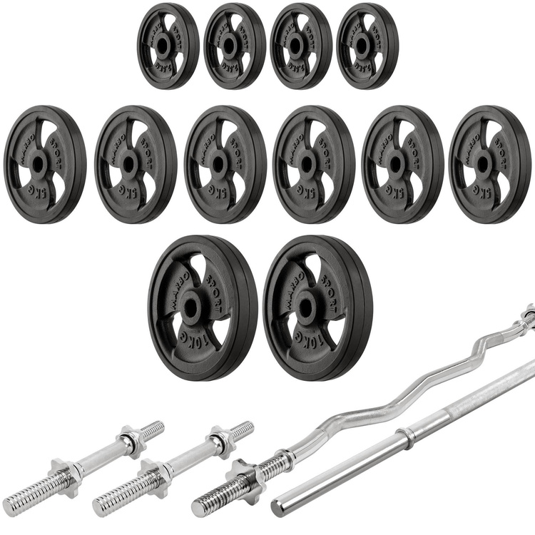 Set MS11_2.0_83KG_G | banco de entrenamiento ajustable de doble cara + soportes ajustables + juego de barras reforzadas y pesas de goma 83 kg - Marbo Sport