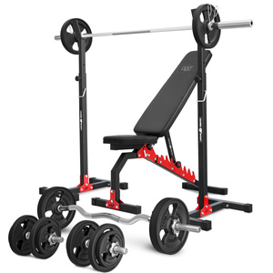 Set MH7_110KG_KIER_G | Banco regulable de doble cara MH-L114 + Soportes de barra ajustables (2 piezas) MH-S201 + Juego de barras reforzadas y pesas de goma 83 kg - Marbo Sport