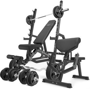 Set MS6_2.0_113KG_G | banco doble + Soportes de gimnasio + Banco Scott con soporte ajustable + juego de barras reforzadas y pesas de goma 113 kg - Marbo Sport