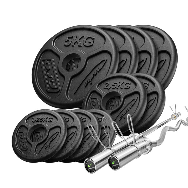 Conjunto 55kg | Barra olímpica de 180 cm + barra de curl ligeramente curvada de 120 cm + discos de pesas 4x5kg, 2x2,5kg, 4x1,25kg - Marbo Sport