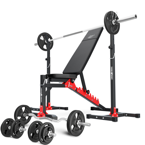 Set MH19 | Banco de entrenamiento multifuncional ajustable MH-L115 +  Soportes de barra ajustables (2 piezas) MH-S201 - Marbo Sport
