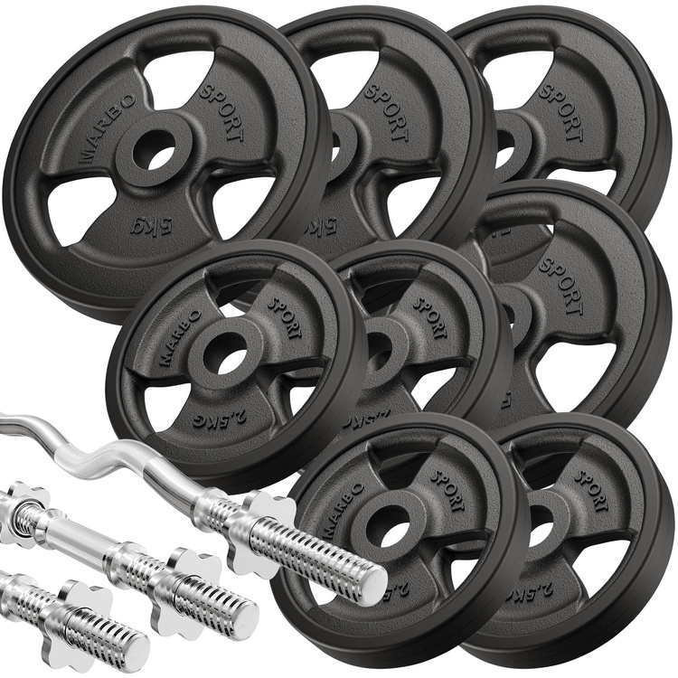 Set MH1_68KG_KIER_G | Banco de entrenamiento multifuncional ajustable MH-L115 + Bícep curl con asas MH-A101 + Extensión de piernas MS-A102 + Juego de barras reforzadas y pesas de goma 42 kg - Marbo Sport