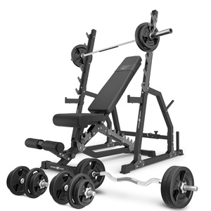 Set MS3_2.0_113KG | banco doble + soportes de gimnasio con aseguramiento y separación ajustable +  juego de barras reforzadas y pesas 113 kg - Marbo Sport