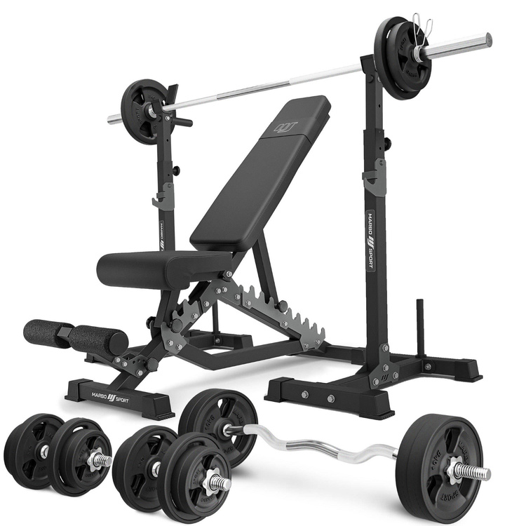 Set MS34_2.0_113KG_G | banco doble + soporte multinivel para mancuernas (2 piezas) con asistencia + juego de barras reforzadas y pesas engomados 113 kg - Marbo Sport