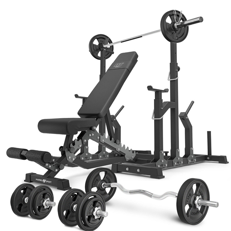Set MS2_2.0_83KG_G | banco doble + soportes ajustables + juego de barras reforzadas y pesas de goma 83 kg - Marbo Sport