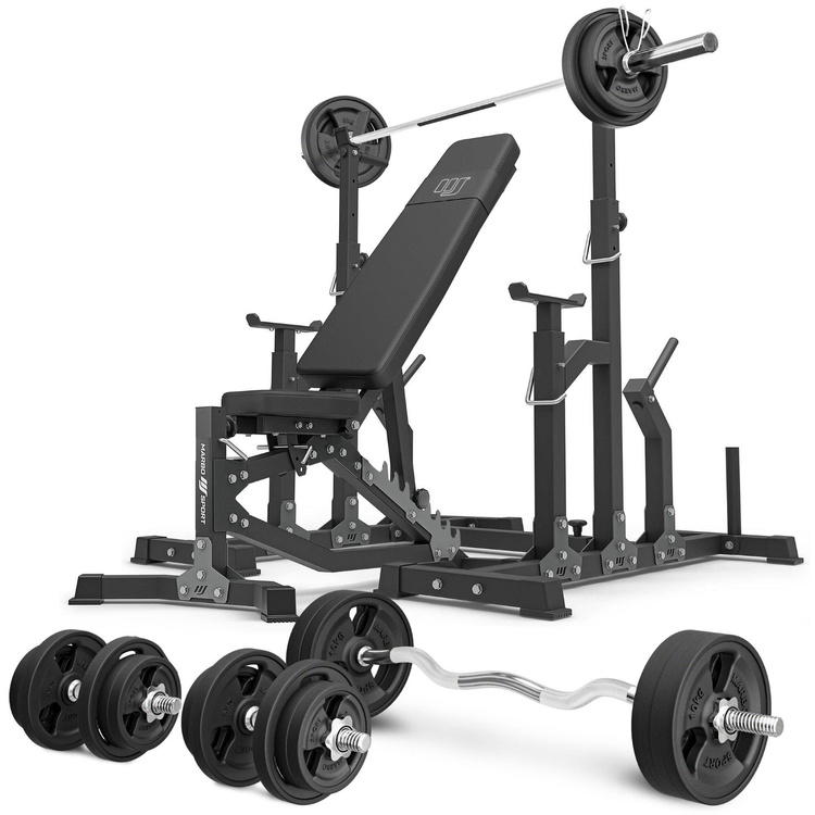 Set MS11_2.0_113KG_G | banco doble cara + soportes ajustables + juego de barras reforzadas y pesas de goma 113 kg - Marbo Sport