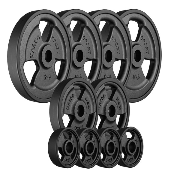 Juego de discos de pesas de hierro fundido engomadas Tri-Grip 29 kg (4 x 5 kg + 2 x 2,5 kg + 4 x 1 kg) - Marbo Sport