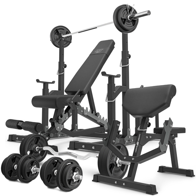 Set MS5_2.0_113KG_G | banco doble + soportes ajustables + Banco Scott con soporte ajustable + juego de barras reforzadas y pesas de goma 113 kg - Marbo Sport