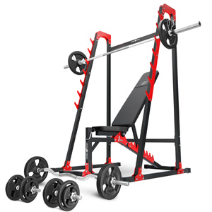 Set MH24_126KG_KIER | Banco de entrenamiento multifuncional ajustable MH-L115 + Soportes multinivel MH-S204 + Juego de barras reforzadas y pesas 83 kg - Marbo Sport