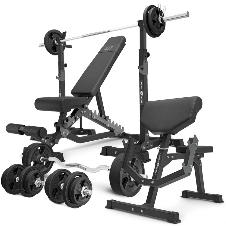 Set MS33_2.0_113KG_G | banco doble + soporte multinivel para mancuernas + Banco Scott con soporte ajustable + juego de barras reforzadas y pesas de goma 113 kg - Marbo Sport