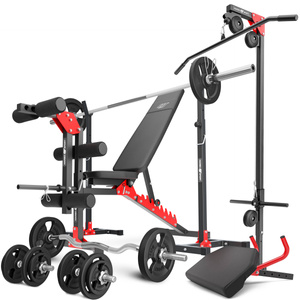 Set MH25_132KG_KIER | Banco de entrenamiento MH-L115 + Soportes de barra MH-S201 + Entrenador de piernas MH-A102 + Bícep curl con asas MH-A101 + Elevador superior e inferior MH-W104 + Juego de barras reforzadas y pesas 83 kg - Marbo Sport