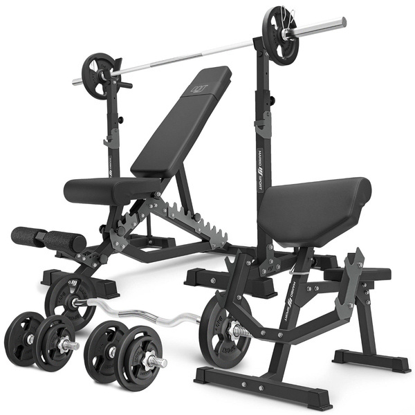 Set MS33_2.0_83KG | banco doble + soporte multinivel para mancuernas + Banco Scott con soporte ajustable + juego de barras reforzadas y pesas 83 kg - Marbo Sport