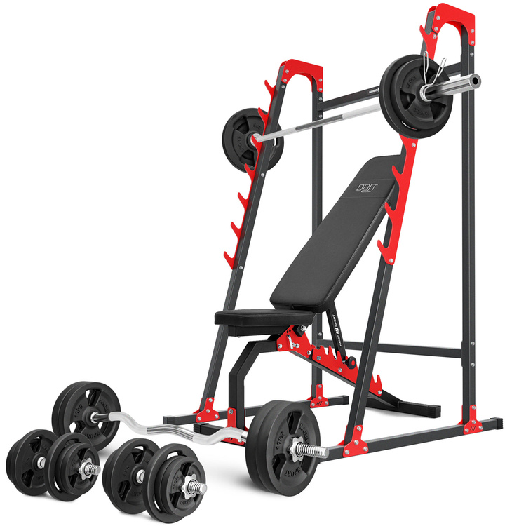 Set MH8_155KG_KIER | Banco regulable de doble cara MH-L114 + Soportes multinivel MH-S204 + Juego de barras reforzadas y pesas 113 kg - Marbo Sport
