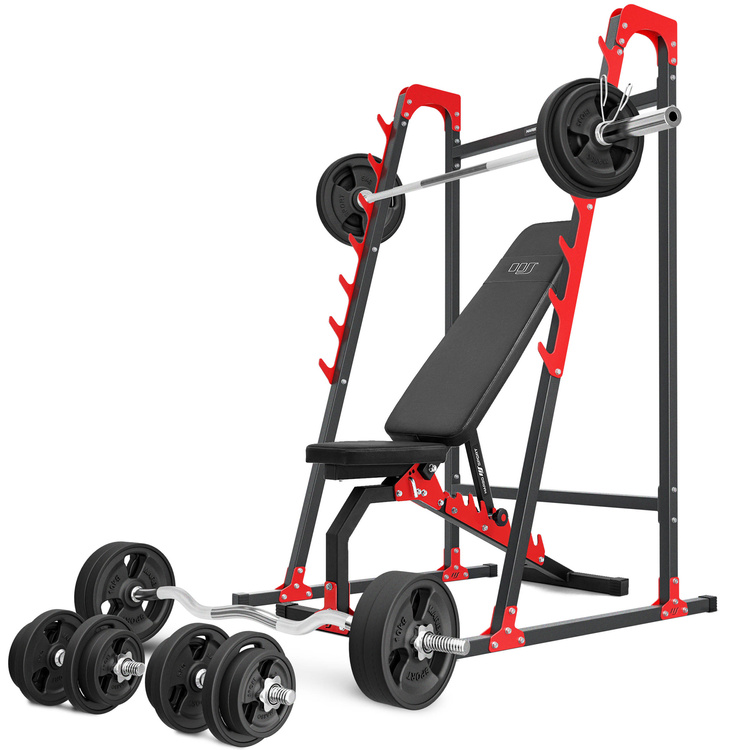 Set MH8_155KG_KIER_G | Banco regulable de doble cara MH-L114 + Soportes multinivel MH-S204 + Juego de barras reforzadas y pesas de goma 113 kg - Marbo Sport