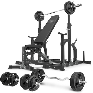 Set MS11_2.0_113KG | banco de entrenamiento ajustable de doble cara + soportes ajustables + juego de barras reforzadas y pesas 113 kg - Marbo Sport