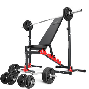 Set MH19_141KG_KIER | Banco de entrenamiento multifuncional ajustable MH-L115 + Soportes de barra ajustables (2 piezas) MH-S201 + Juego de barras reforzadas y pesas 113 kg - Marbo Sport