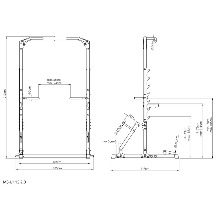 Media jaula de sentadillas con barra de dominadas, estación de fondos y accesorio landmine MS-U115 2.0 - Marbo Sport