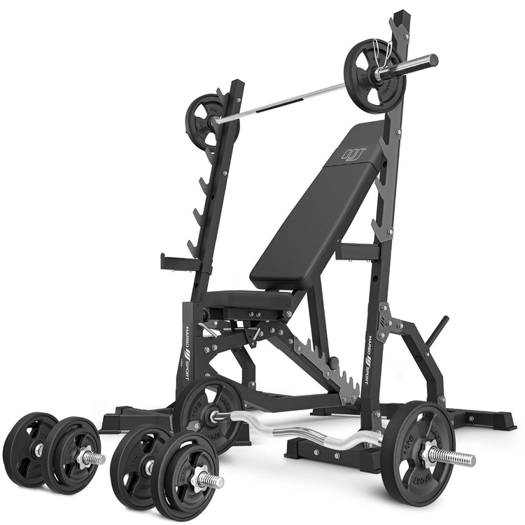 Set MS8_2.0_83KG_G | banco de entrenamiento ajustable de doble cara + soporte multinivel (2 piezas) + juego de barras reforzadas y pesas de goma 83 kg - Marbo Sport